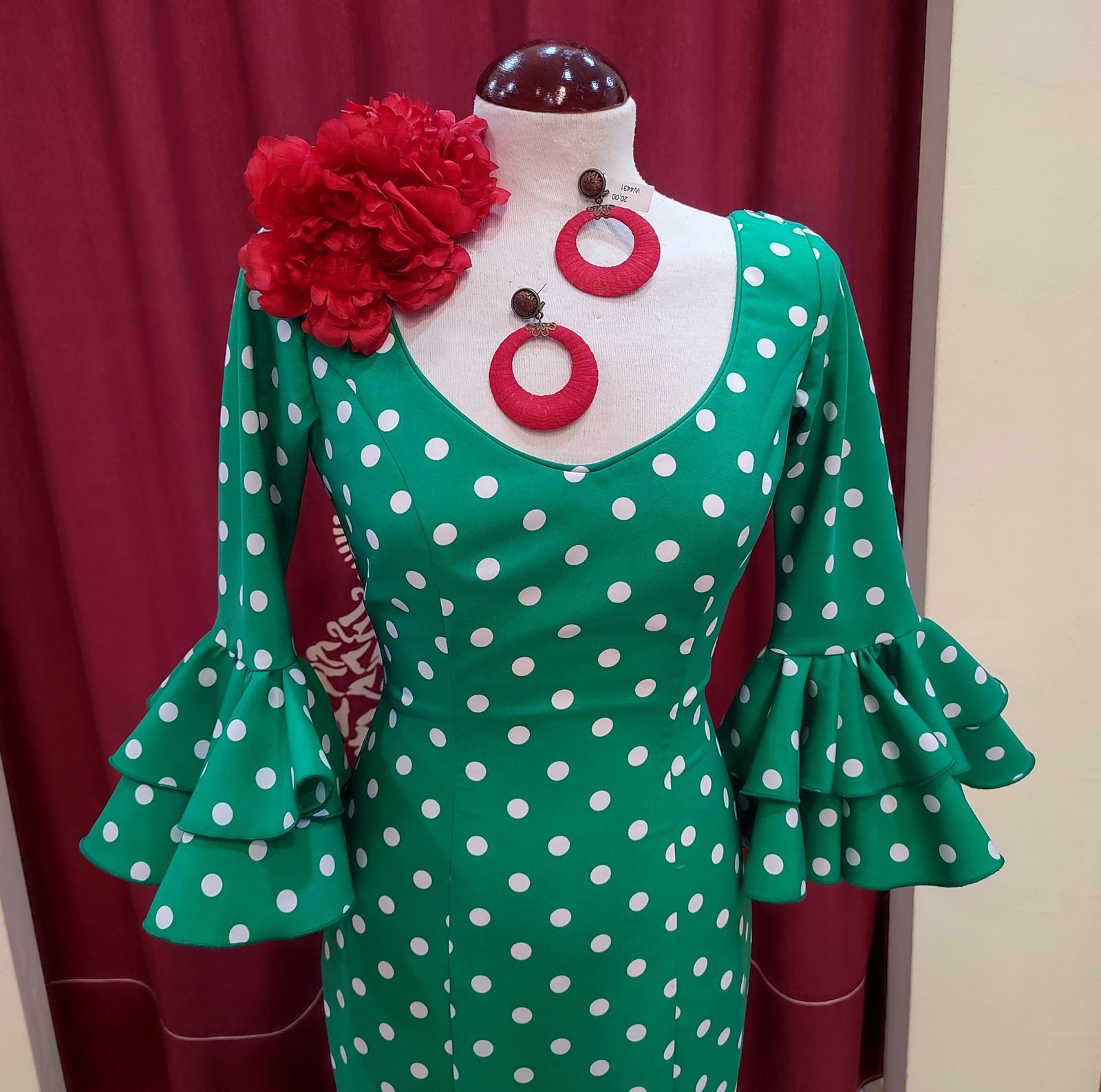 Vestido Flamenca ANGELA Verde Andalucia Lunar Blanco - Imagen 4