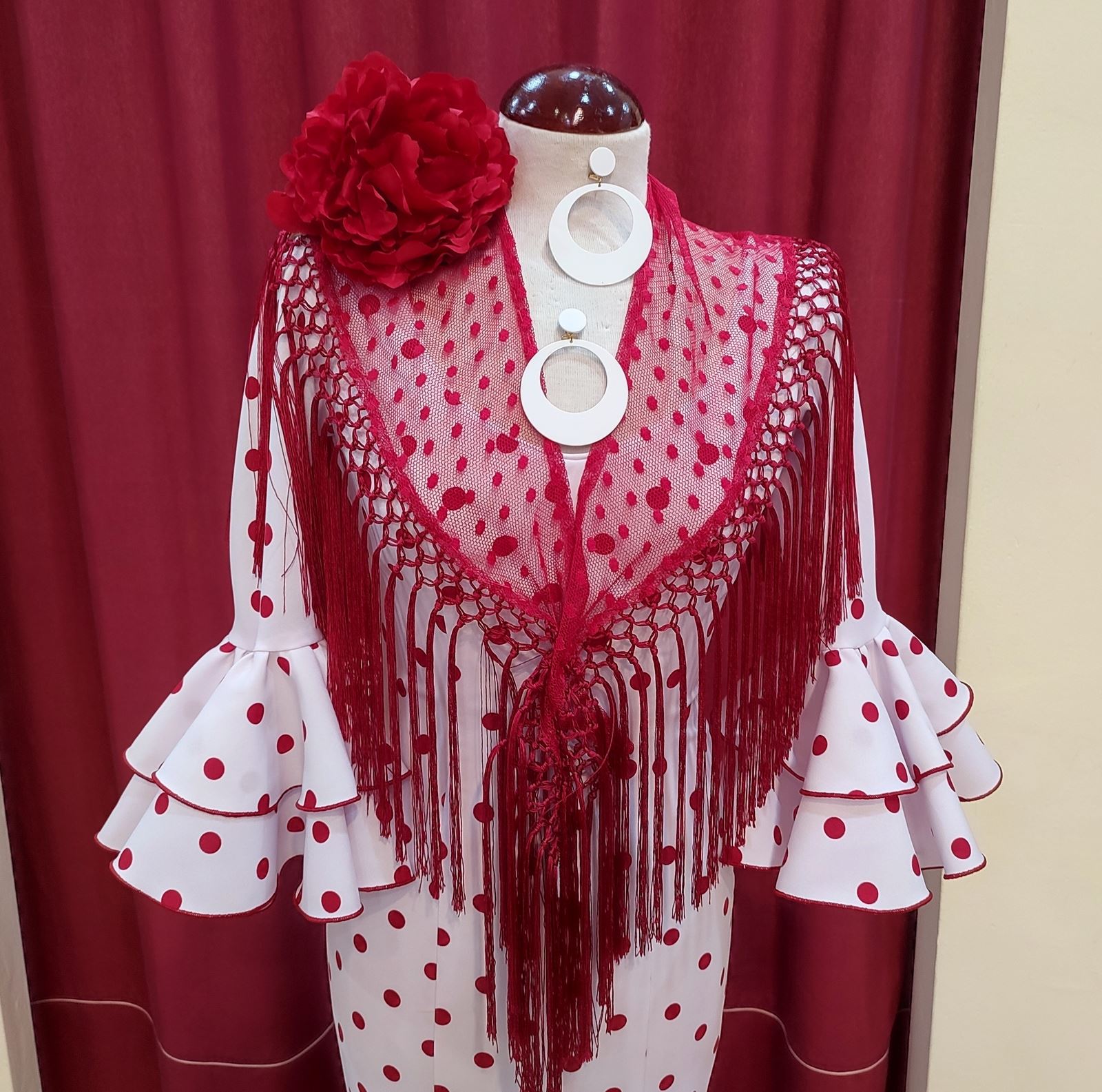 Vestido Flamenca ANGELA Blanco Lunar Rojo - Imagen 2
