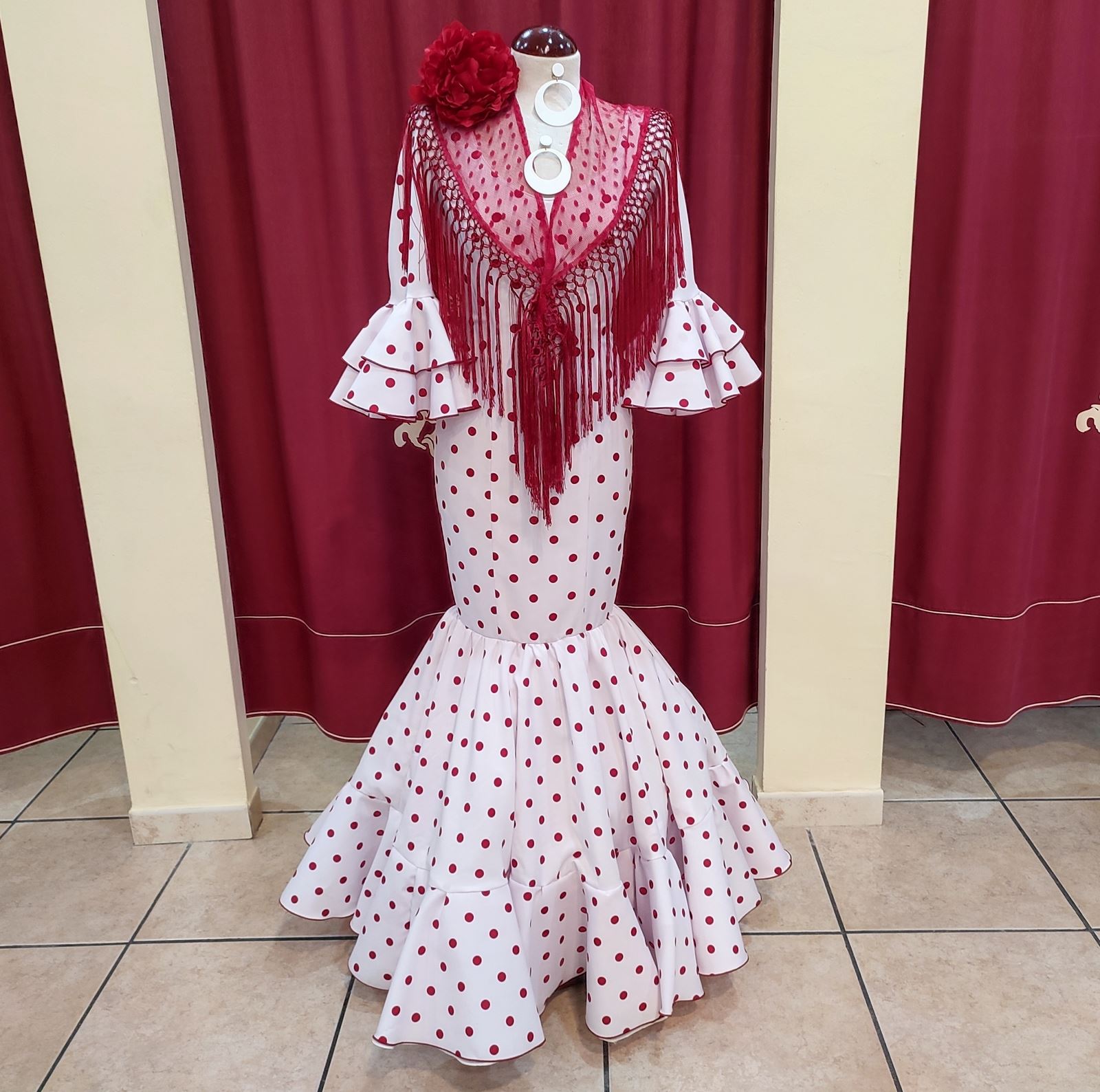 Vestido Flamenca ANGELA Blanco Lunar Rojo