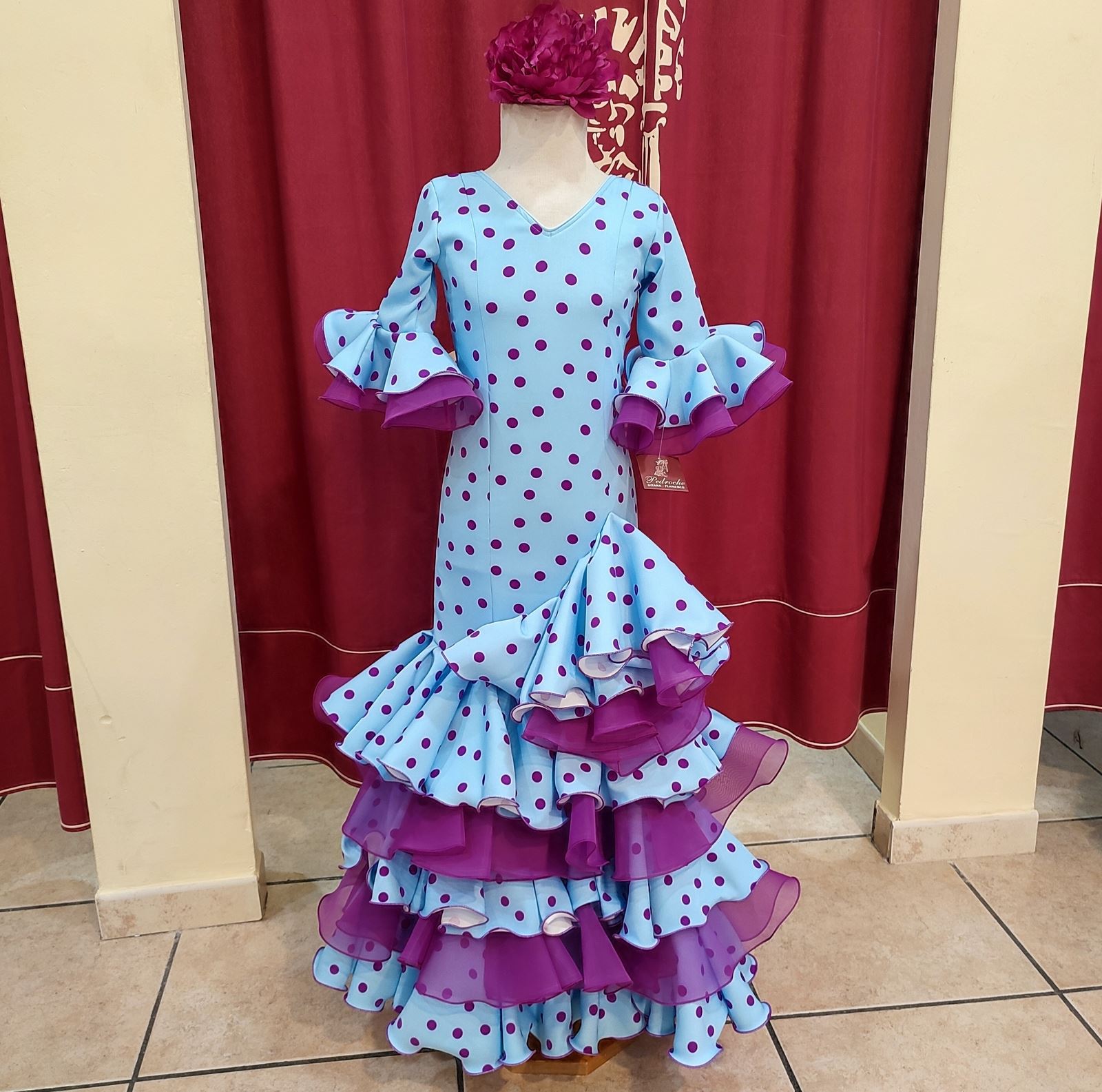 Vestido Flamenca Niña PEDROCHE Celeste Lunar Buganvilla - Imagen 3