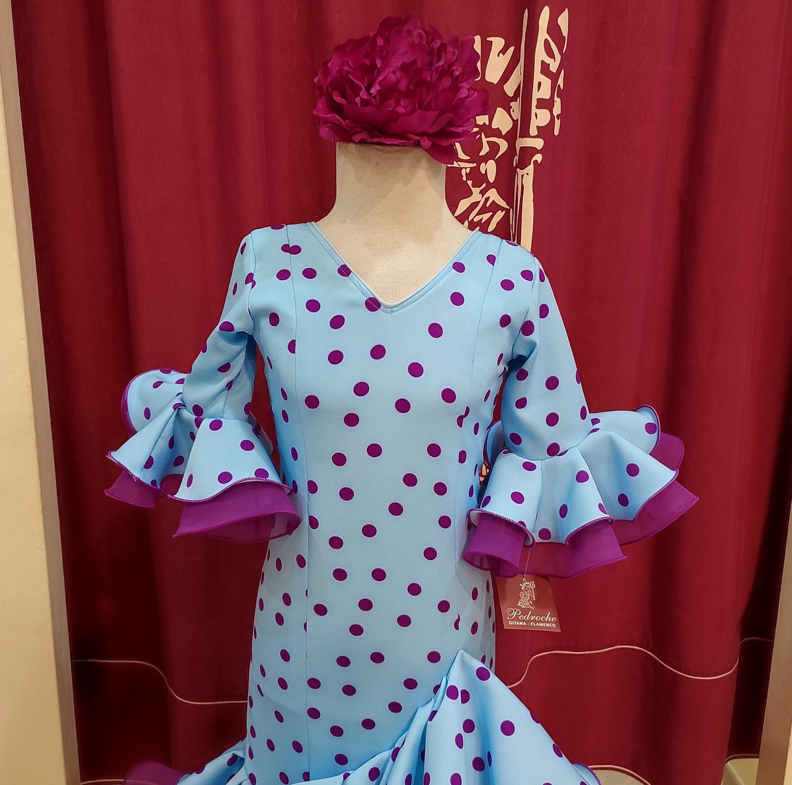 Vestido Flamenca Niña PEDROCHE Celeste Lunar Buganvilla - Imagen 4