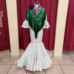 Vestido Flamenca ANGELA Blanco Lunar Verde Andalucia