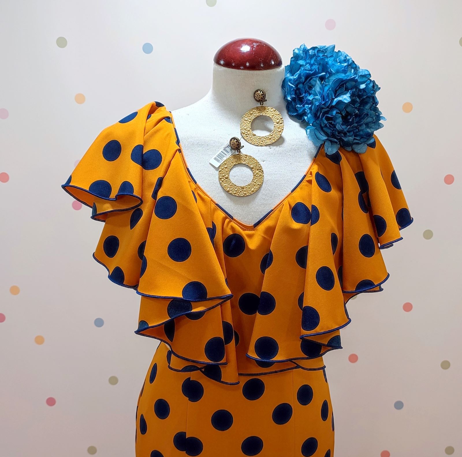 Vestido Flamenca CHICLANA Mostaza Lunar Marino - Imagen 3