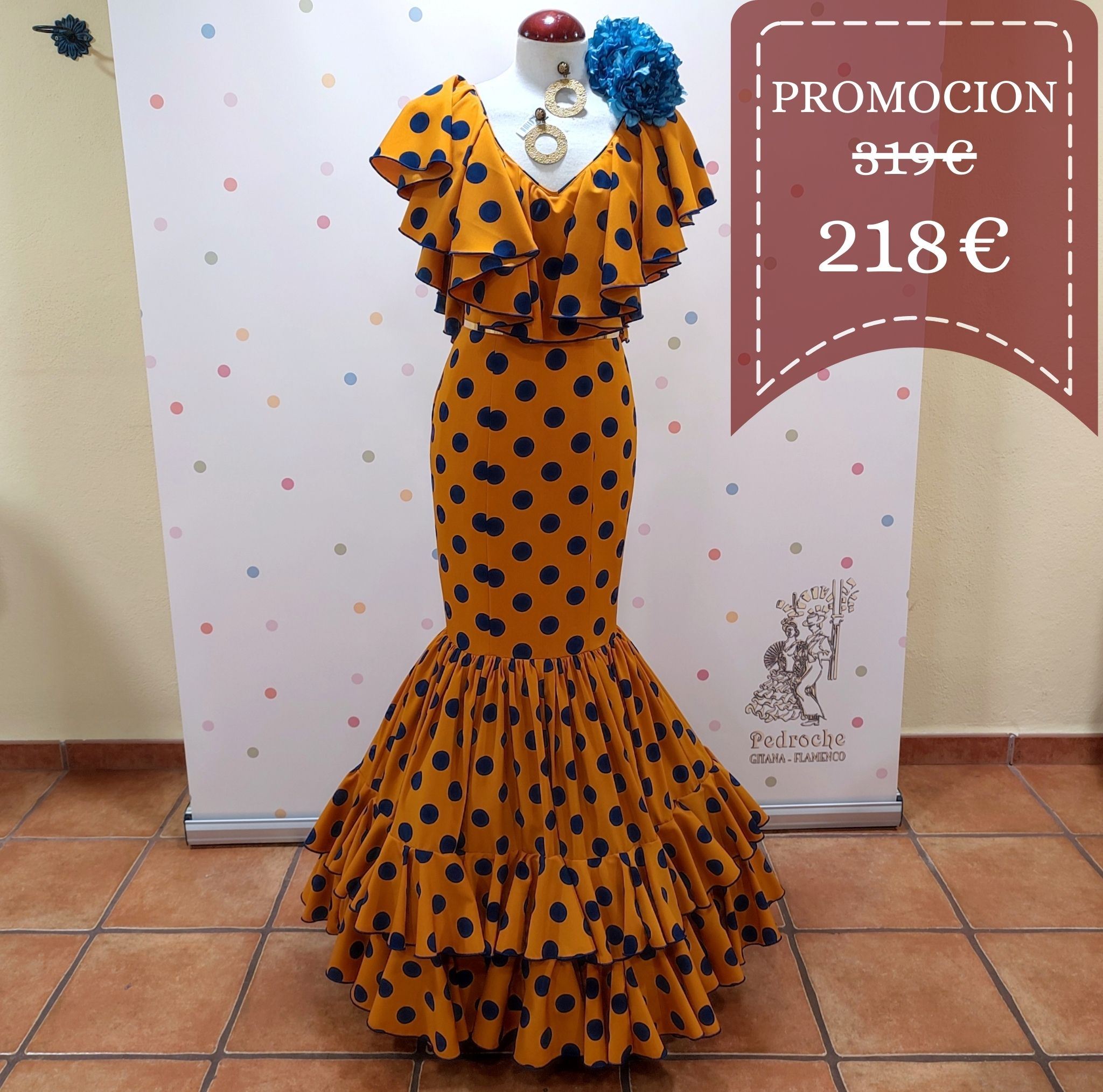 Vestido Flamenca CHICLANA Mostaza Lunar Marino
