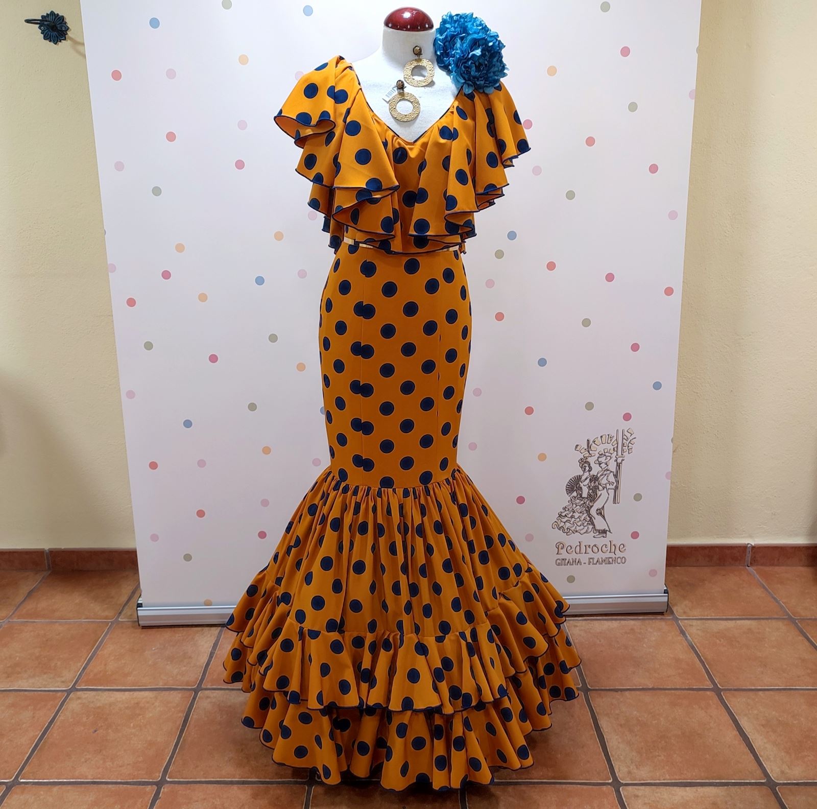 Vestido Flamenca CHICLANA Mostaza Lunar Marino - Imagen 2